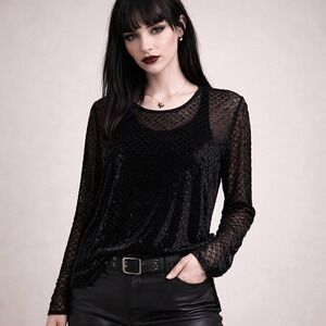 N Touch Black Burnout Velvet Top Size XL Sheer‎ Long Sleeve Y2K Goth Chic